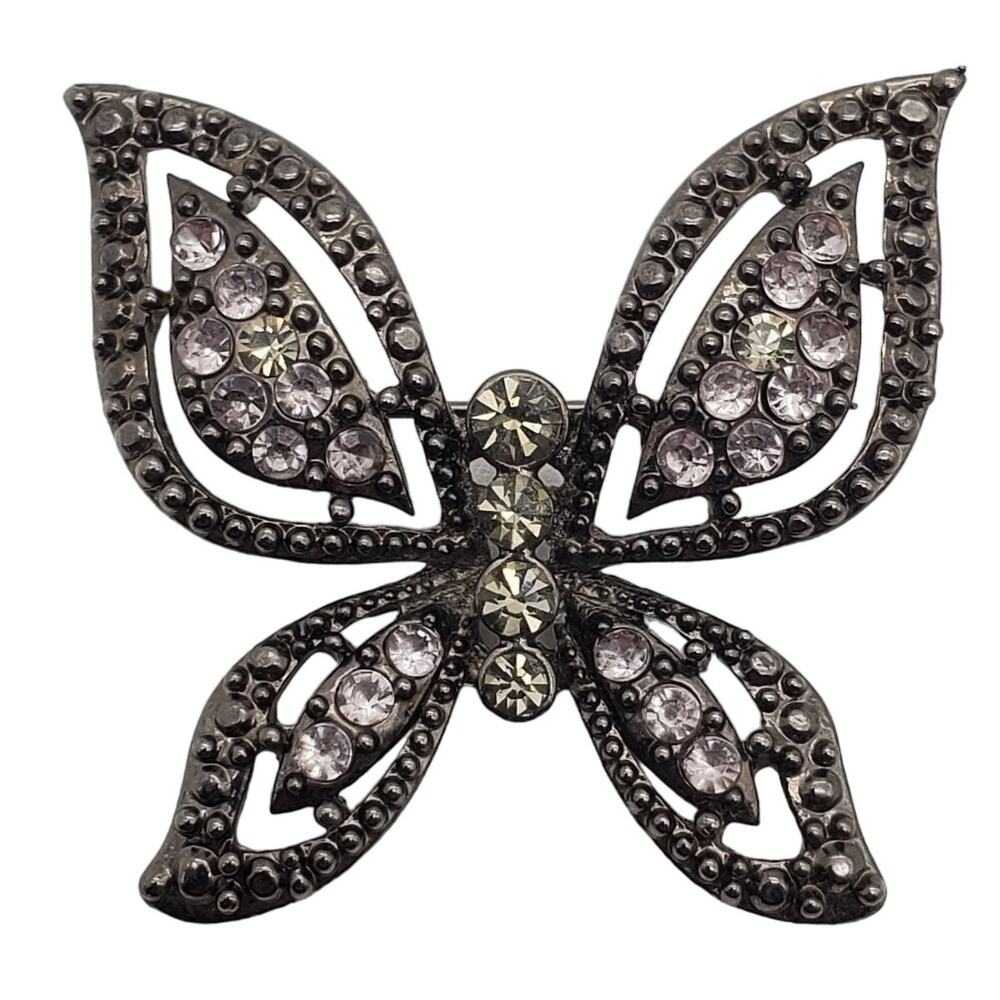 Dark Rhinestone Butterfly Brooch Pink Green Crystal Insect Vintage‎ Pin Gunmetal